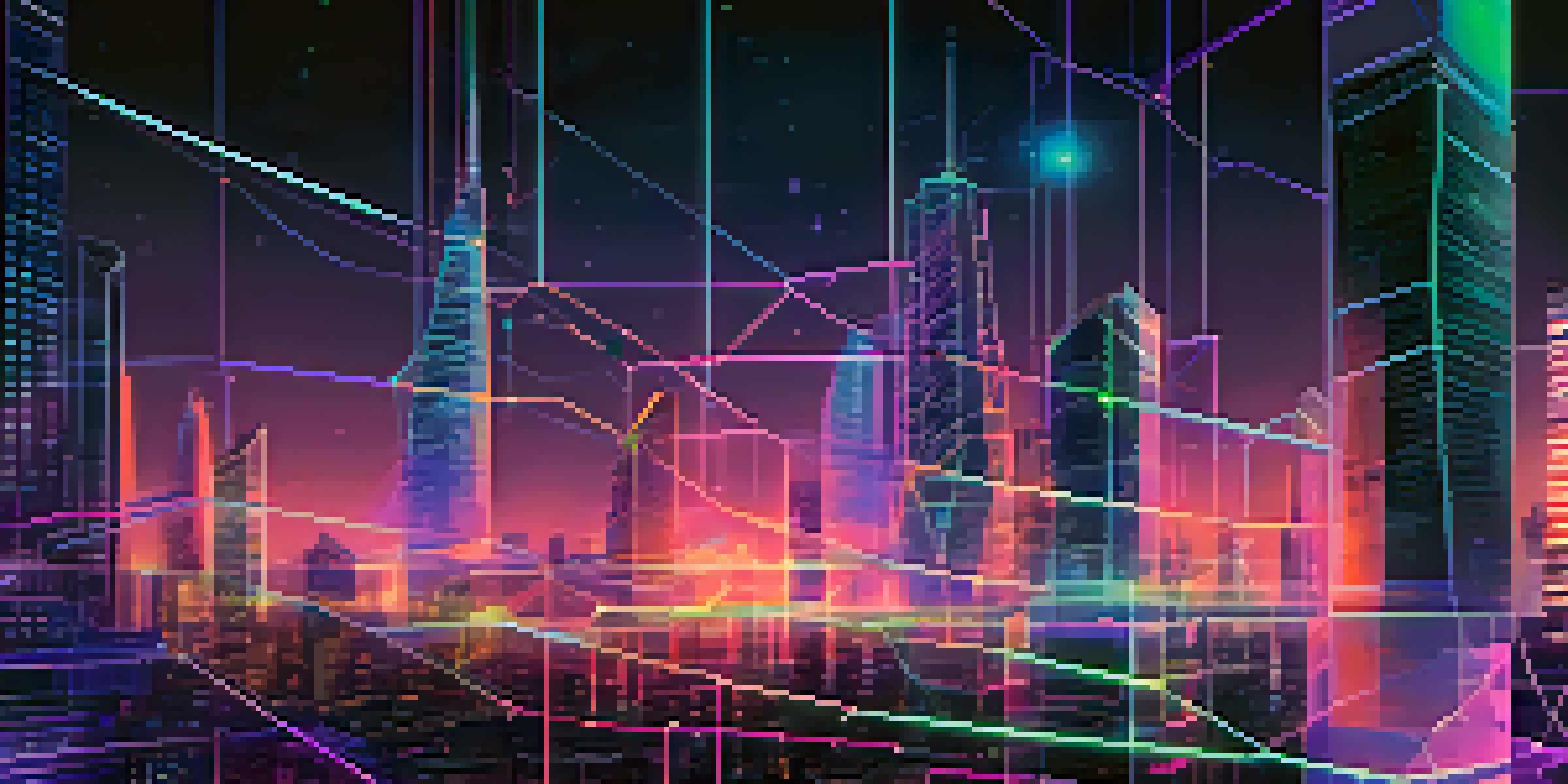 A futuristic cityscape with interconnected glowing lines and nodes representing blockchain networks, set at twilight with vibrant blues and purples.