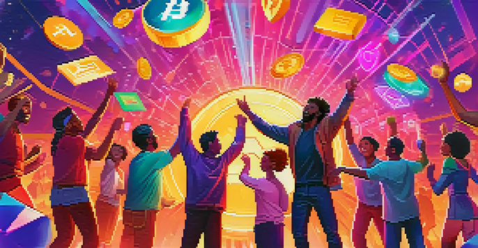 A diverse group of people joyfully receiving cryptocurrency tokens from the sky, symbolizing community engagement and excitement.