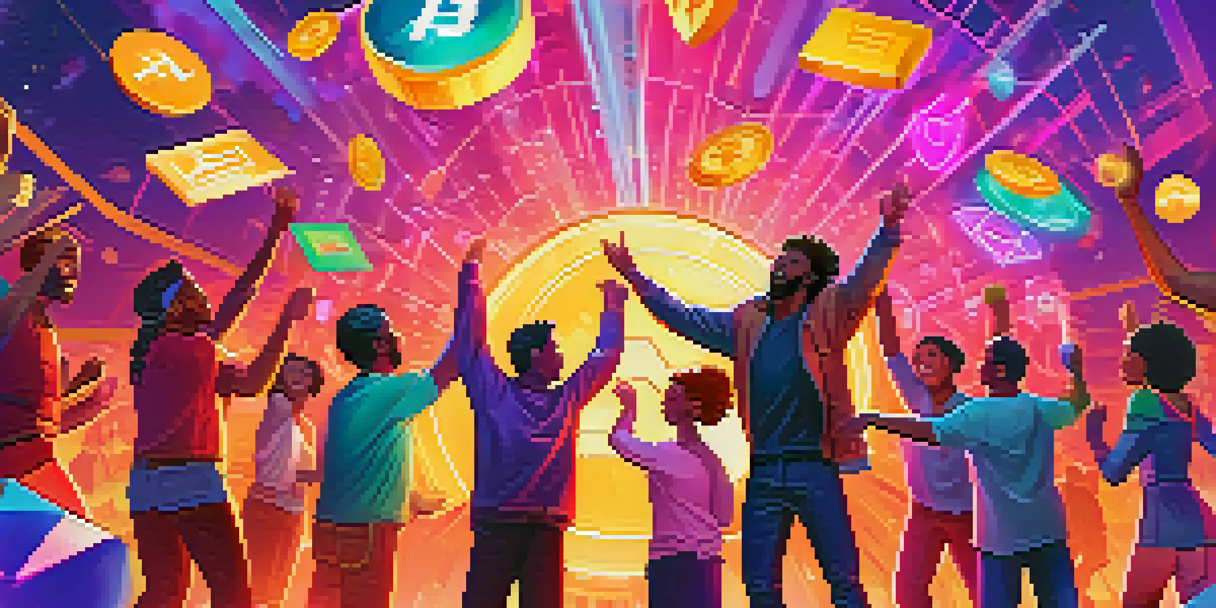 A diverse group of people joyfully receiving cryptocurrency tokens from the sky, symbolizing community engagement and excitement.