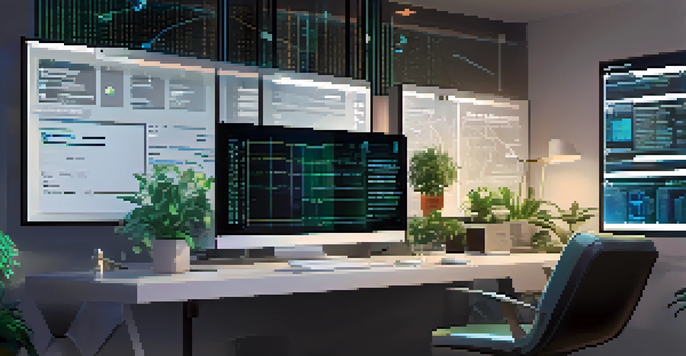A modern workspace with a computer screen showing code, blockchain-themed decor, and a plant.