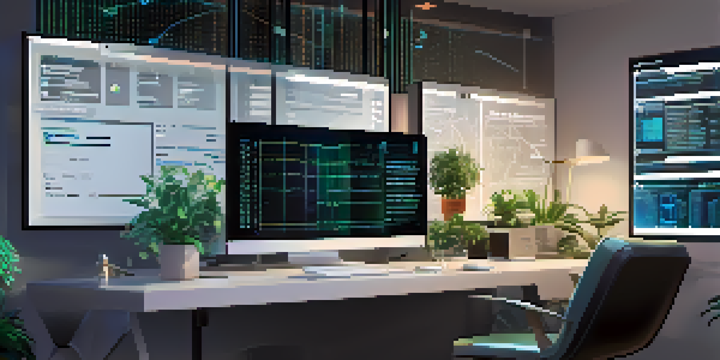 A modern workspace with a computer screen showing code, blockchain-themed decor, and a plant.