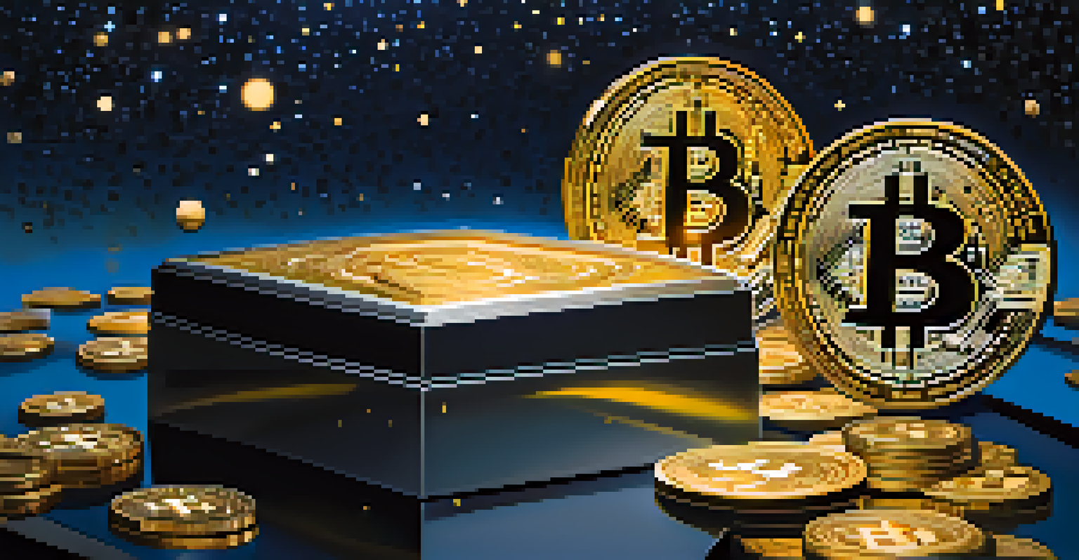 An abstract depiction of a digital vault surrounded by floating cryptocurrency coins against a starry night sky.