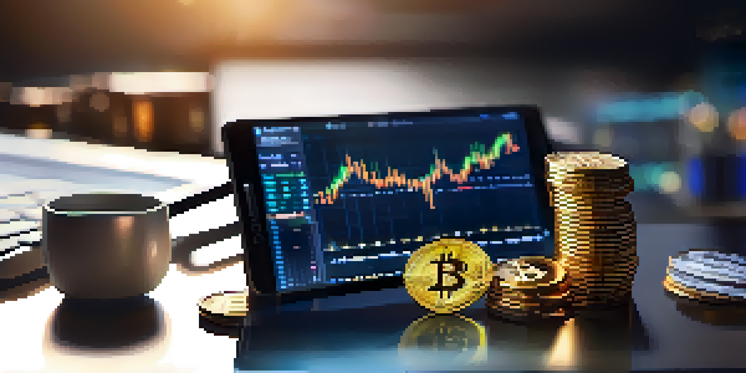 A smartphone showing cryptocurrency charts with physical coins around it, sitting on a modern workspace.