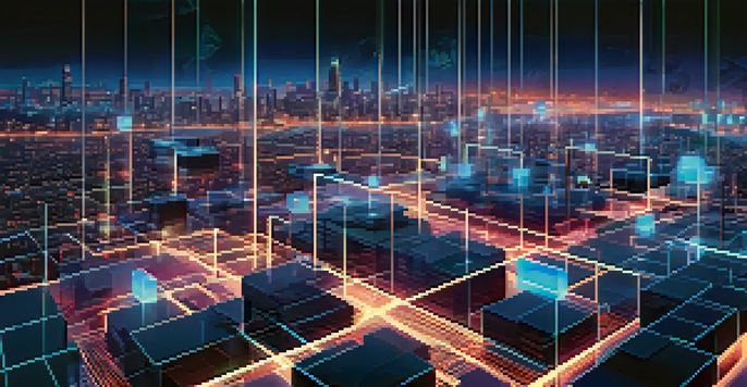 A futuristic city skyline at dusk with interconnected glowing blocks representing a blockchain network.