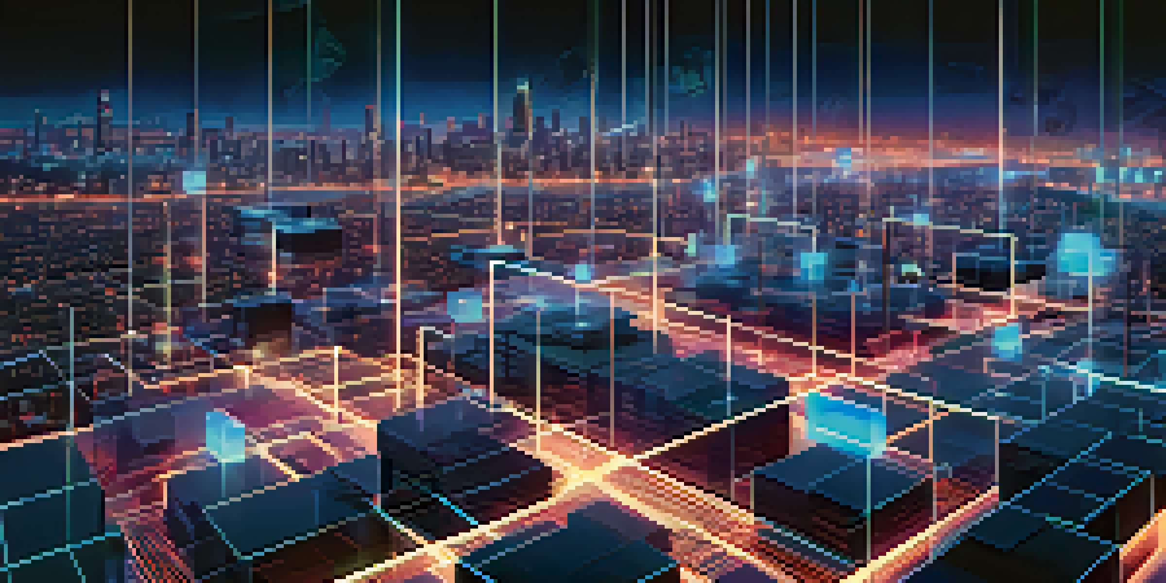 A futuristic city skyline at dusk with interconnected glowing blocks representing a blockchain network.