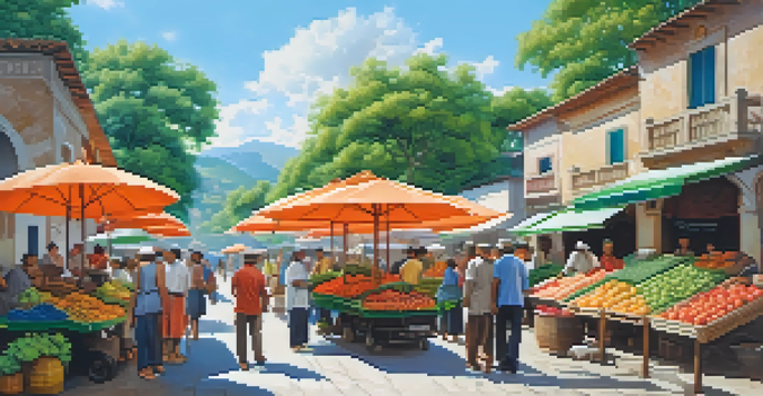 A lively small town market with colorful fruits and vegetables, vendors under umbrellas, and people interacting in a green landscape.