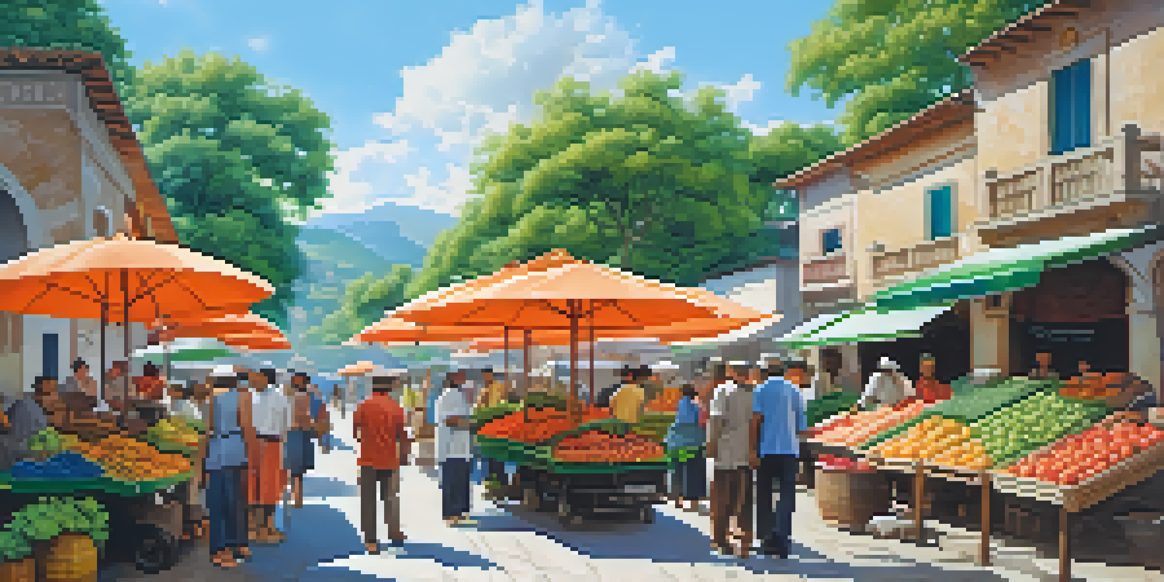 A lively small town market with colorful fruits and vegetables, vendors under umbrellas, and people interacting in a green landscape.