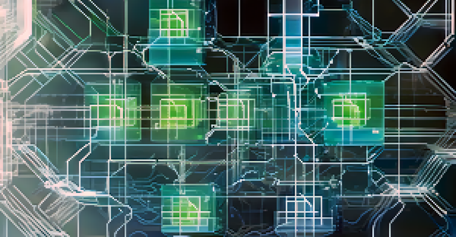 An abstract illustration of blockchain technology with interconnected blocks and glowing lines representing data flow in clinical trials.
