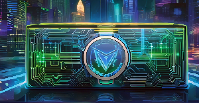 A futuristic digital representation of a secure cryptocurrency wallet in a dark cityscape with neon lights.