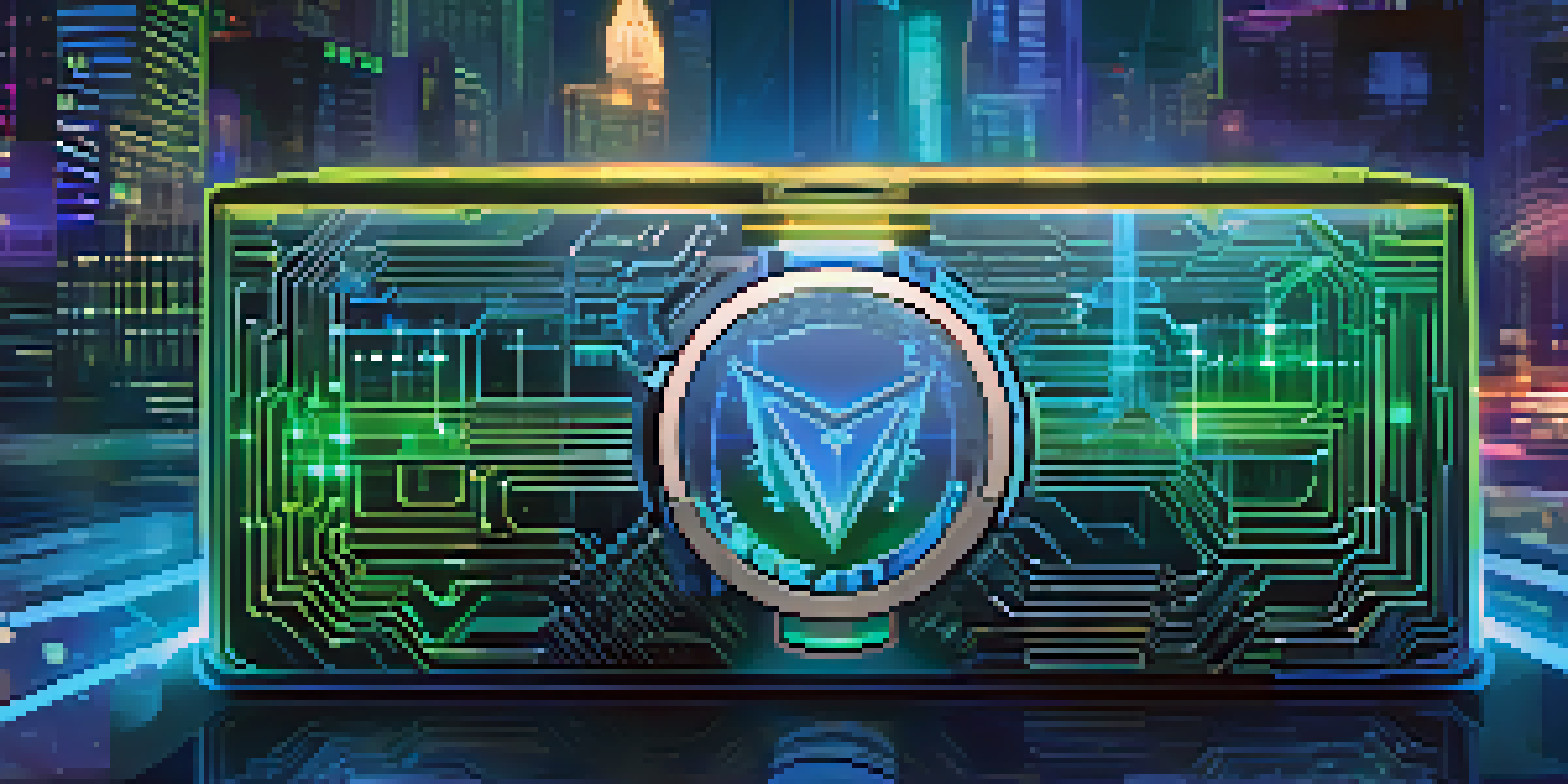 A futuristic digital representation of a secure cryptocurrency wallet in a dark cityscape with neon lights.