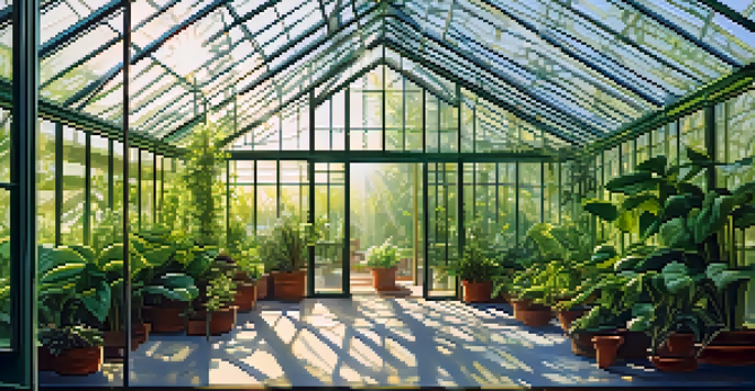 A close-up of a greenhouse's glass wall with sunlight illuminating green plants inside, representing transparency and growth.