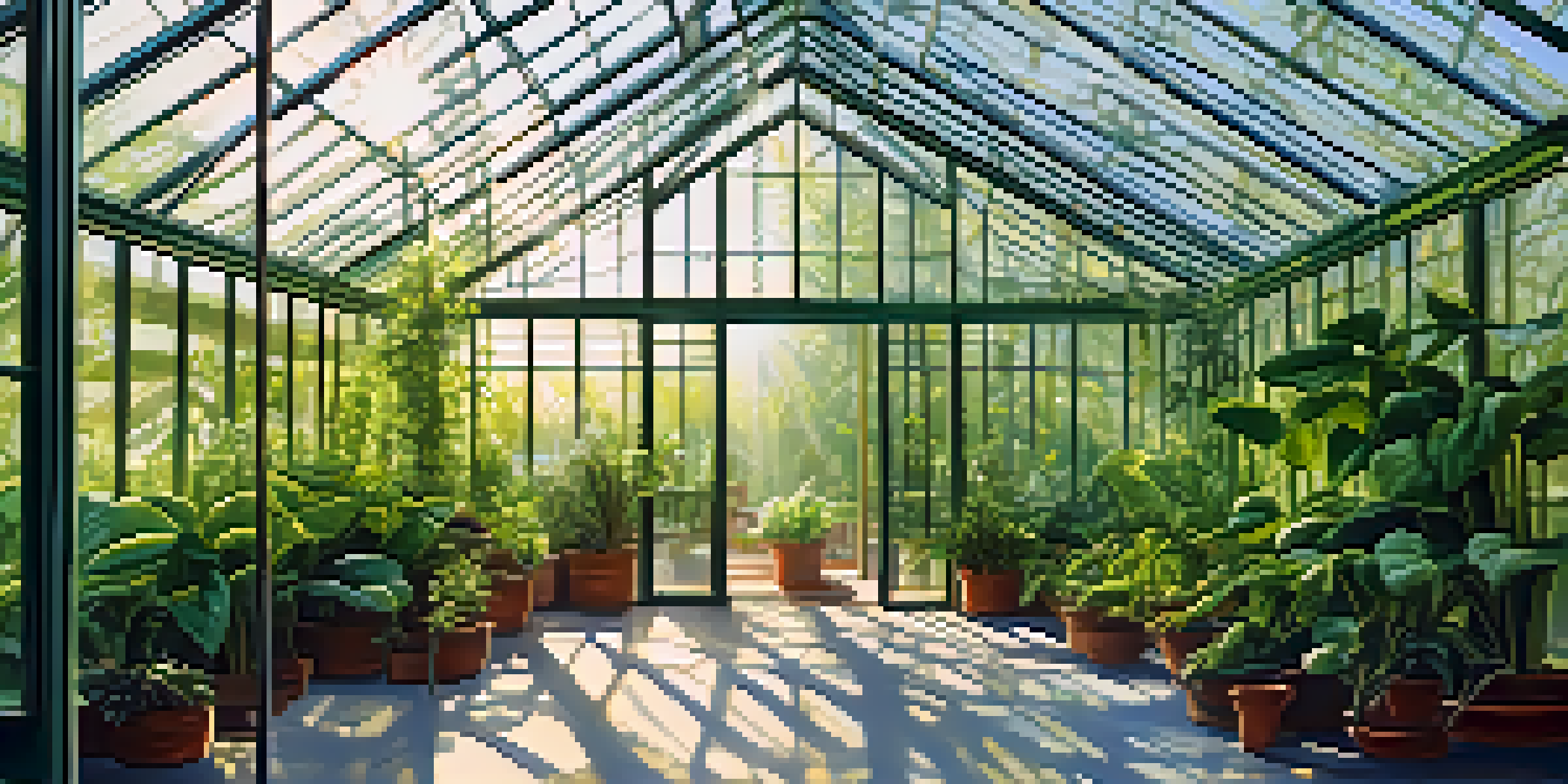 A close-up of a greenhouse's glass wall with sunlight illuminating green plants inside, representing transparency and growth.