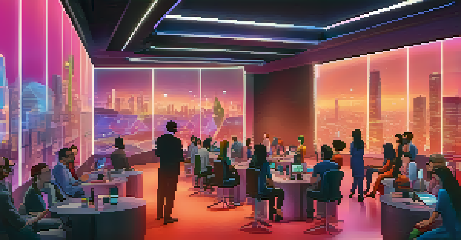 A virtual conference with diverse avatars networking in a 3D space against a futuristic city skyline.