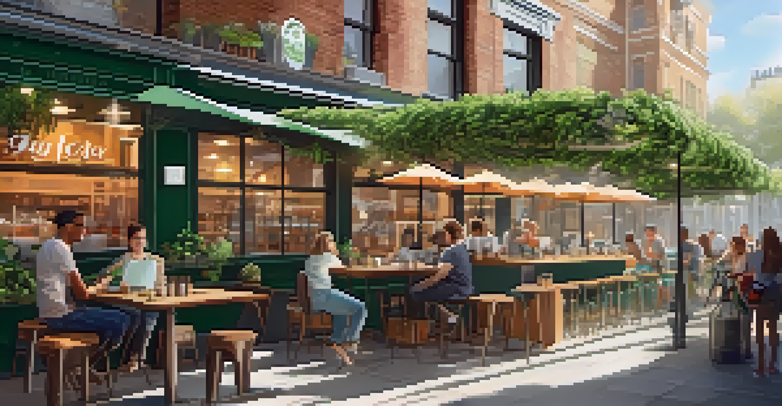 An urban cafe scene with customers making payments using Bitcoin Cash on their smartphones, with a chalkboard sign visible.