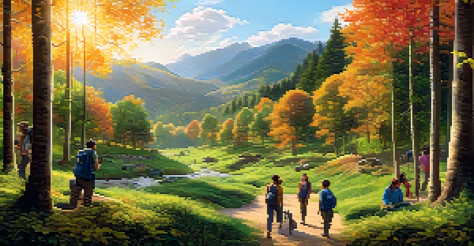 A bright forest landscape with a small village where people are planting trees and monitoring wildlife under sunlight.