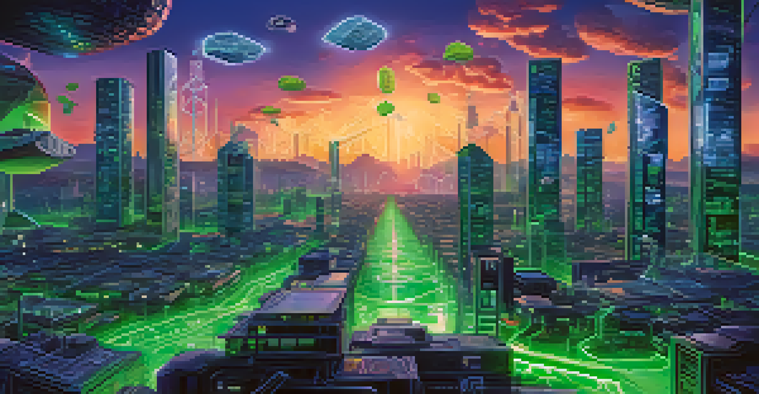 An artistic representation of blockchain technology in gaming, featuring floating NFTs and cryptocurrency symbols in a futuristic cityscape.