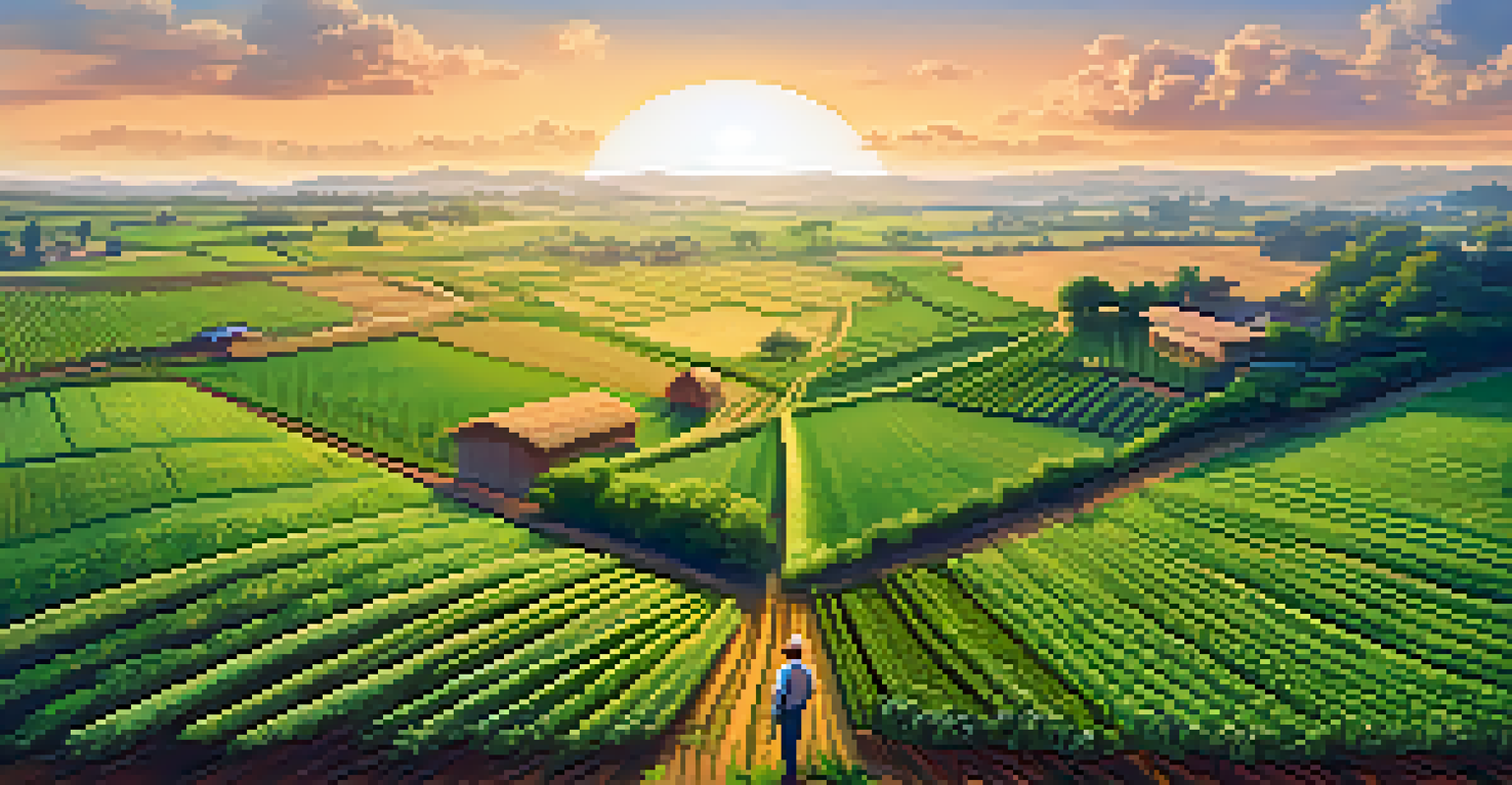 A peaceful farm scene with a digital overlay of cryptocurrency trends, illustrating the relationship between agriculture and global economics.