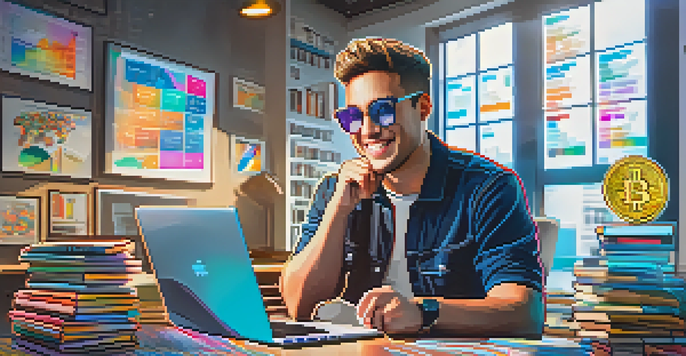 A social media influencer live streaming at a desk filled with cryptocurrency books and a computer displaying crypto graphs.
