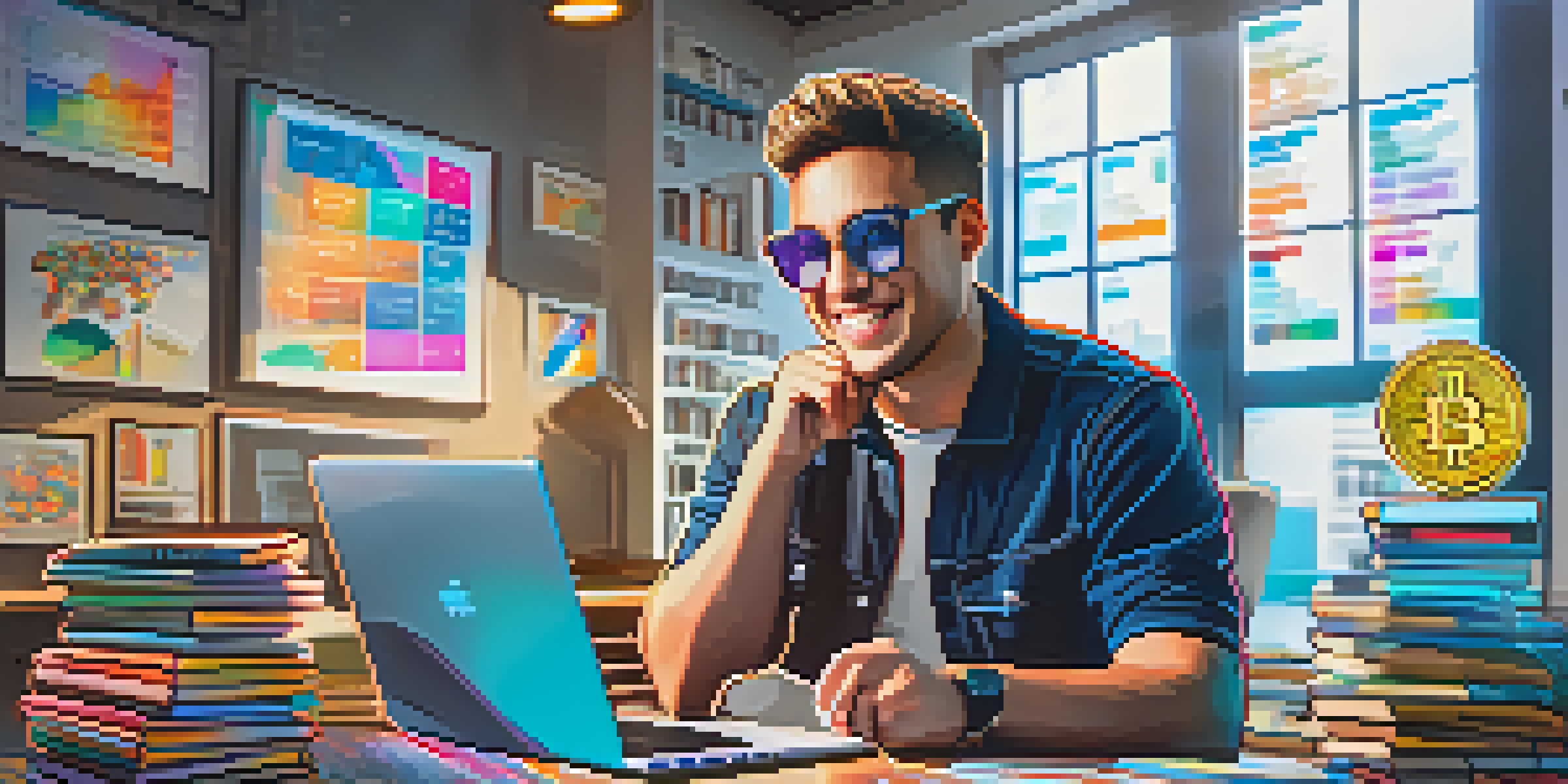 A social media influencer live streaming at a desk filled with cryptocurrency books and a computer displaying crypto graphs.