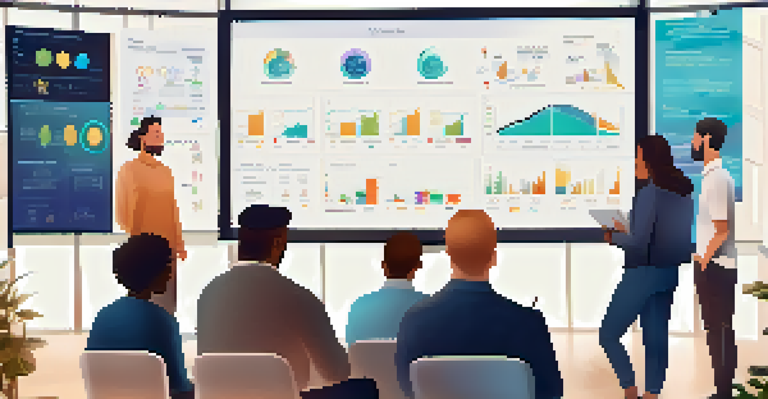 A group of diverse individuals in an educational setting discussing stablecoins around a digital screen with charts and graphs.