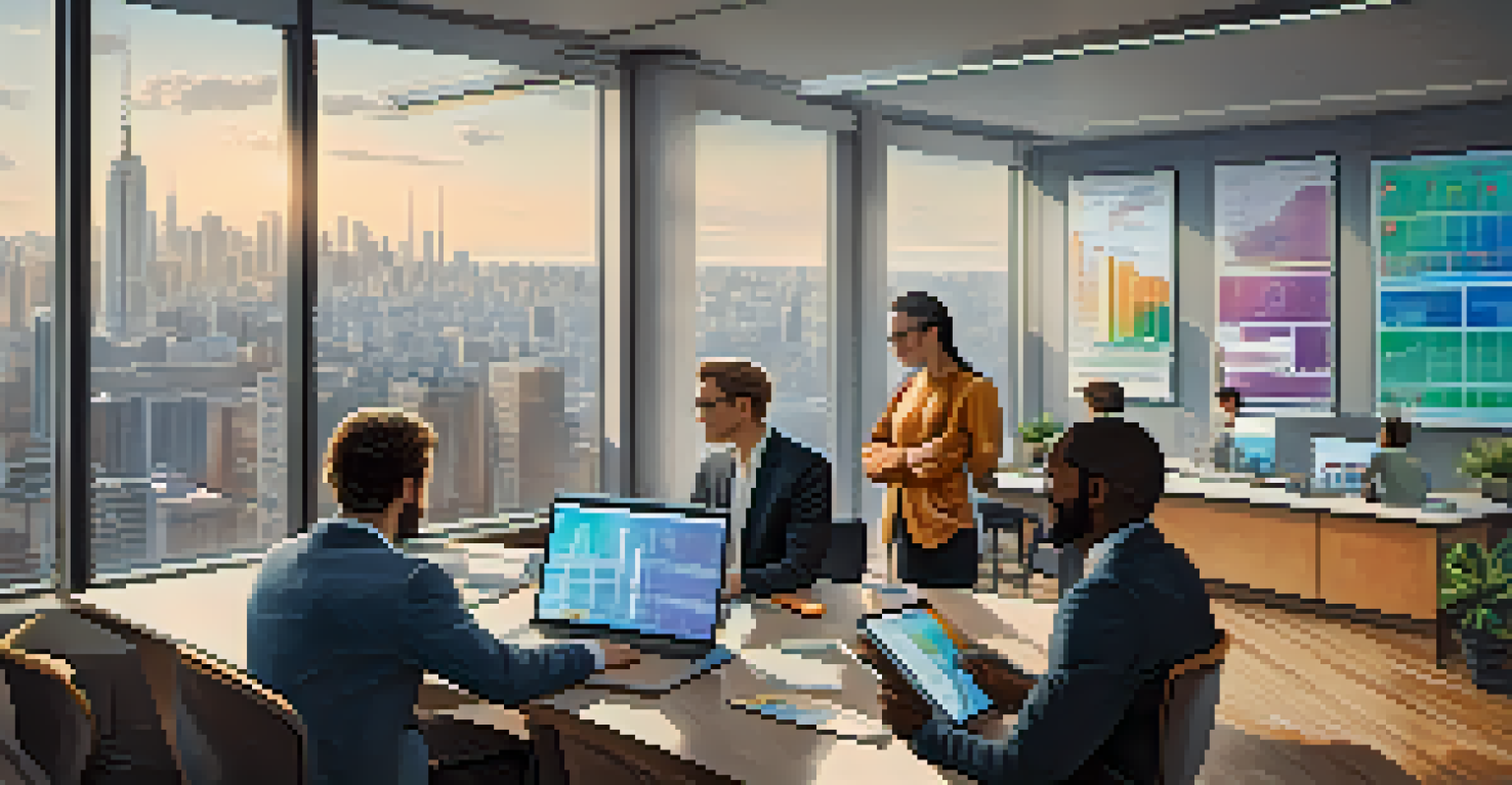 A diverse group of people in a modern office discussing cryptocurrency investments around a sleek table with laptops open.