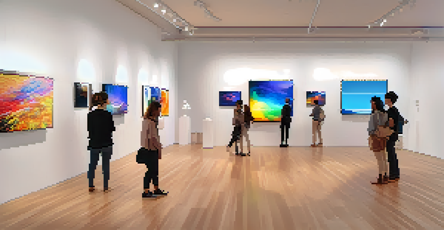 An art gallery featuring digital artworks displayed on screens as NFTs, with visitors interacting with touchscreens, illuminated by natural light.