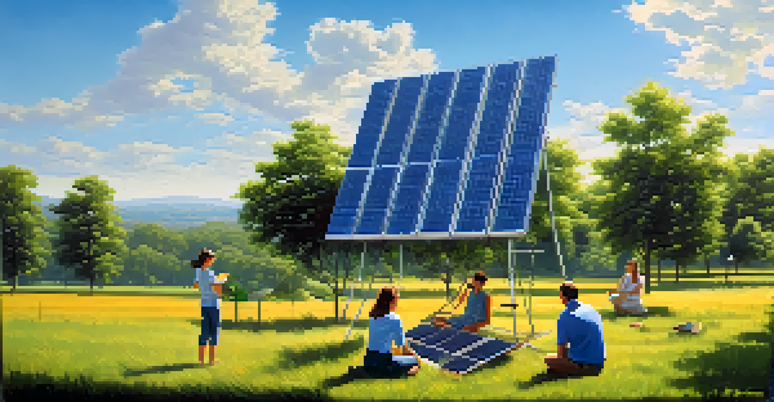 A picturesque scene of a solar panel installation in a sunny field, with a family selling excess energy amidst greenery and blue skies.