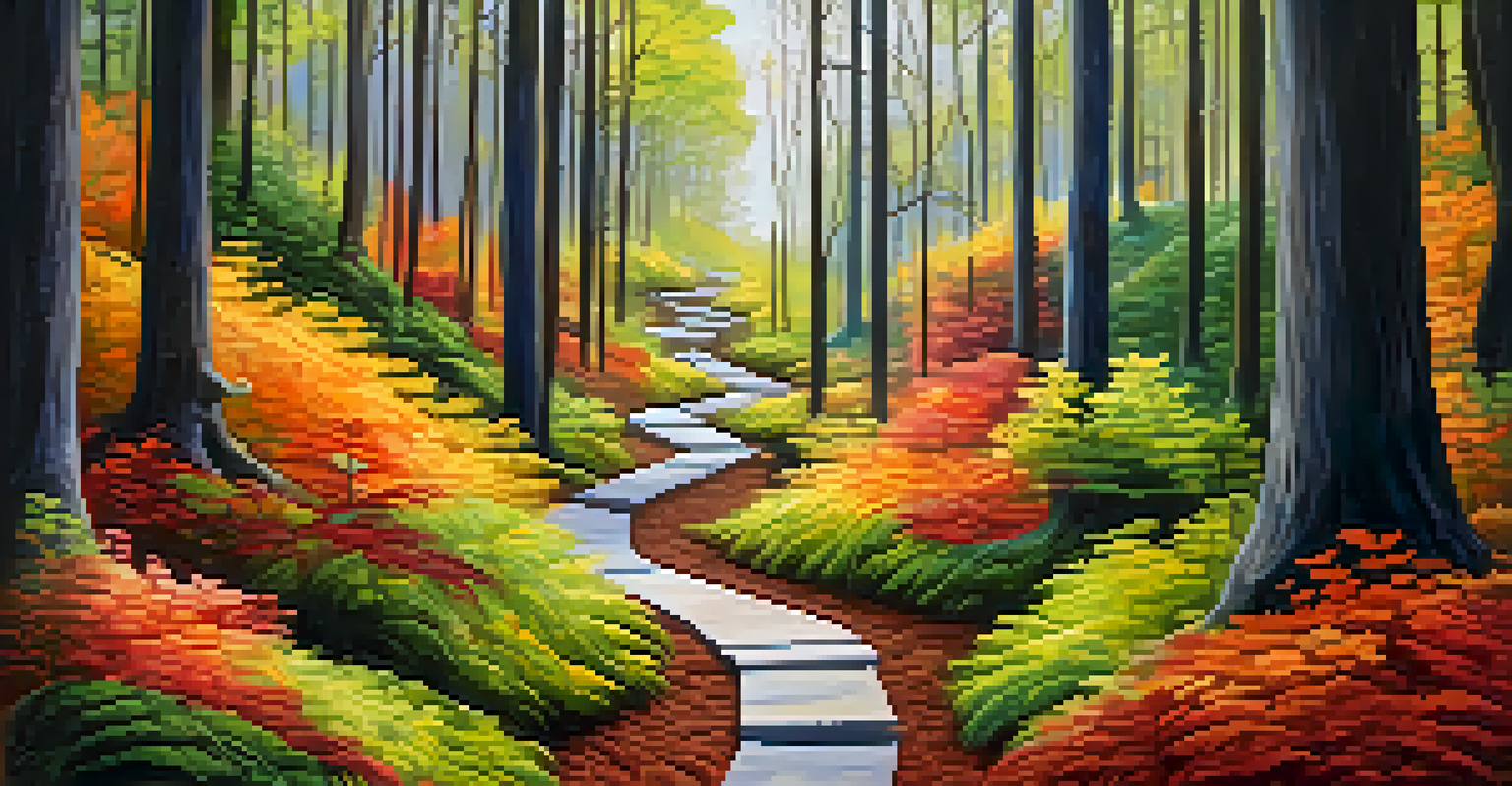 An abstract path through a forest with milestones symbolizing patience and growth in trading.
