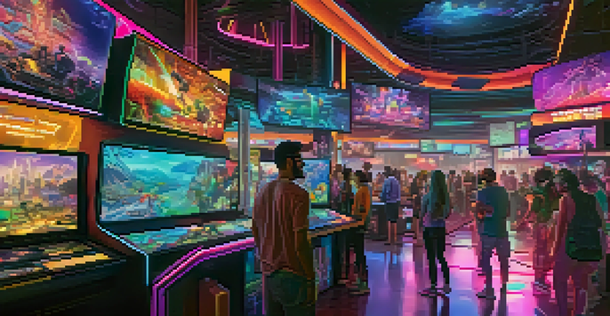 A colorful digital landscape with players immersed in a futuristic gaming environment, showcasing virtual activities and glowing elements.