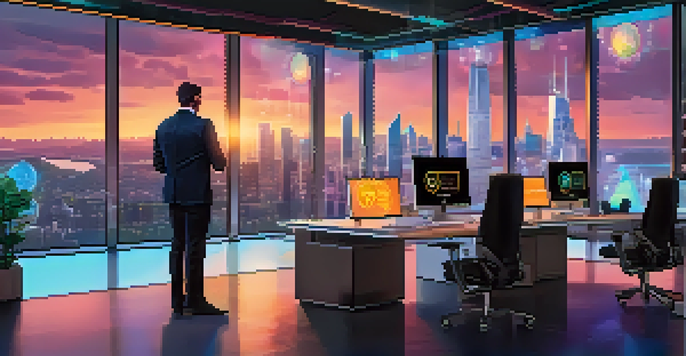 A modern office where an asset manager is studying cryptocurrency data on several screens, with a city skyline visible through the windows.