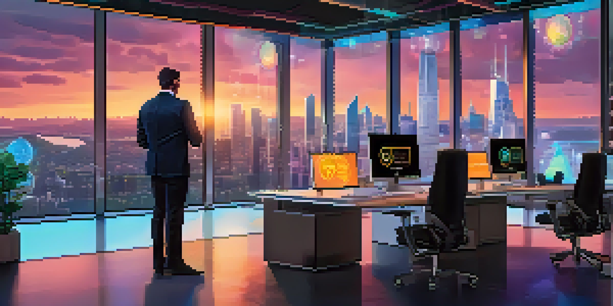 A modern office where an asset manager is studying cryptocurrency data on several screens, with a city skyline visible through the windows.
