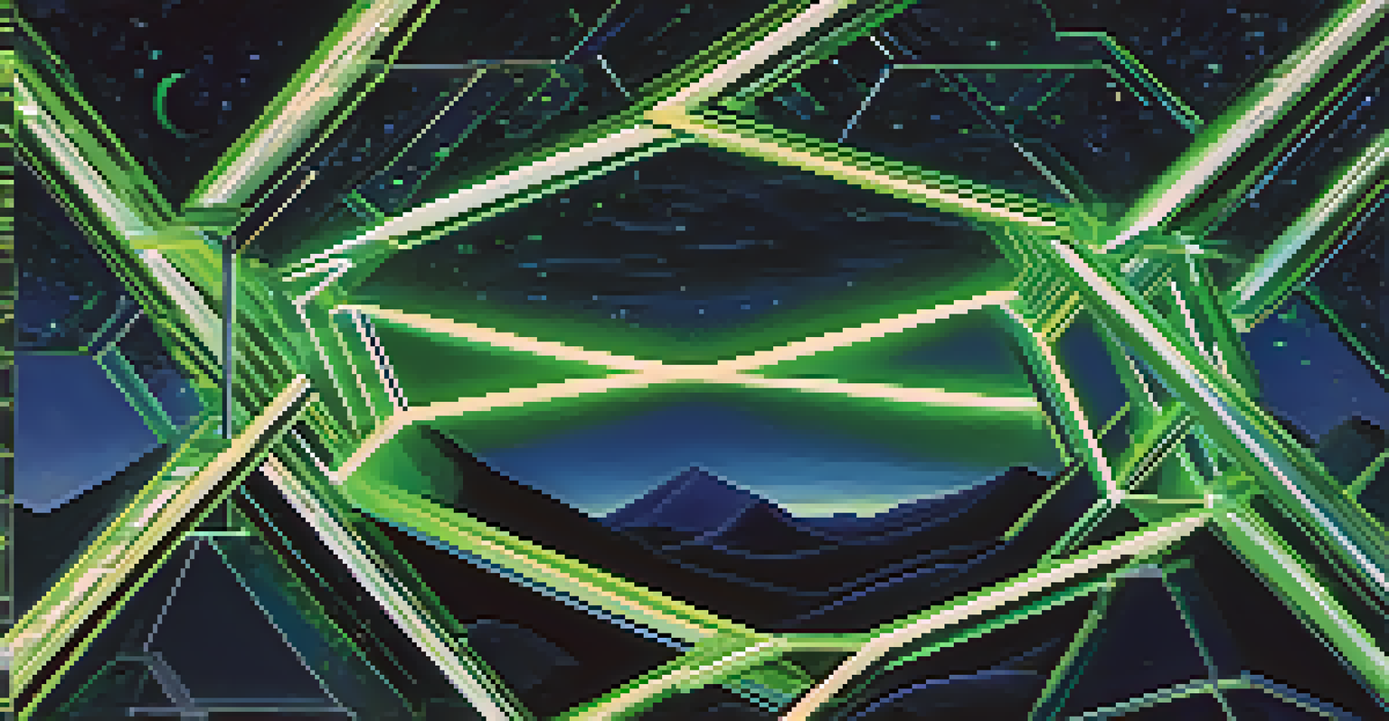 An abstract image showing two diverging paths of glowing digital blocks representing a blockchain fork.
