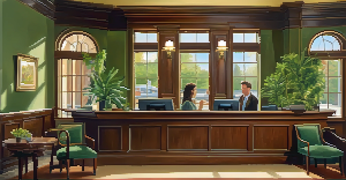 An inviting interior of a traditional bank with wooden furniture and a bank teller assisting a customer.