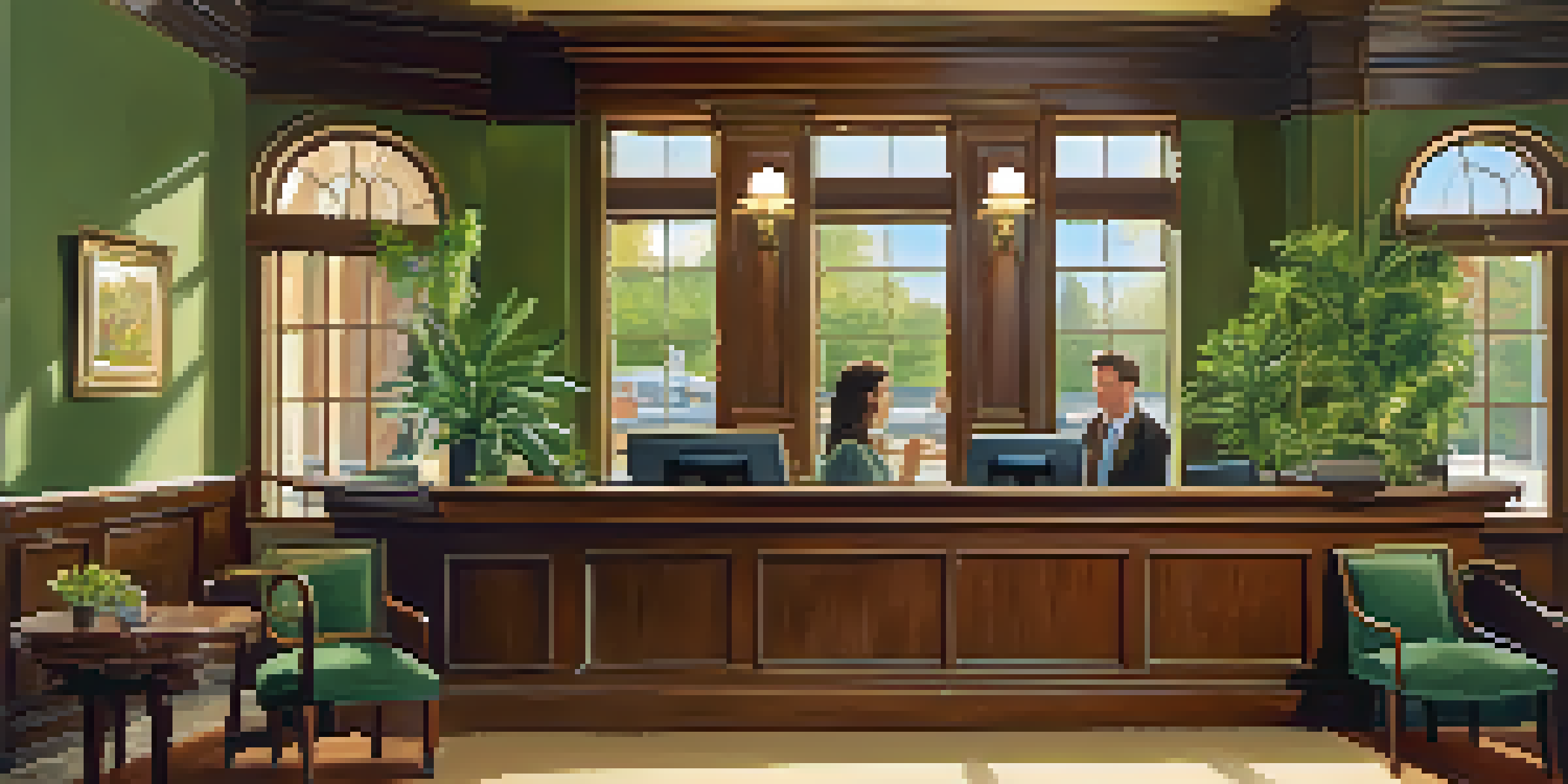 An inviting interior of a traditional bank with wooden furniture and a bank teller assisting a customer.