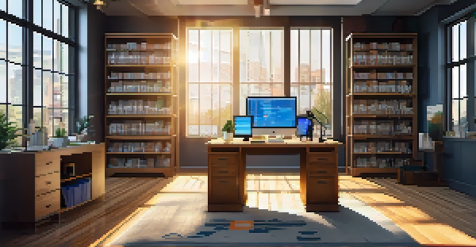 A contemporary office with a wooden desk, computer screens showing cryptocurrency data, and financial reports scattered around. Sunlight brightens the room, highlighting the warm wooden floor.