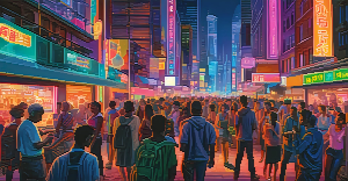 A vibrant city at night with neon lights and people using smartphones, representing the interaction between social media and urban life.