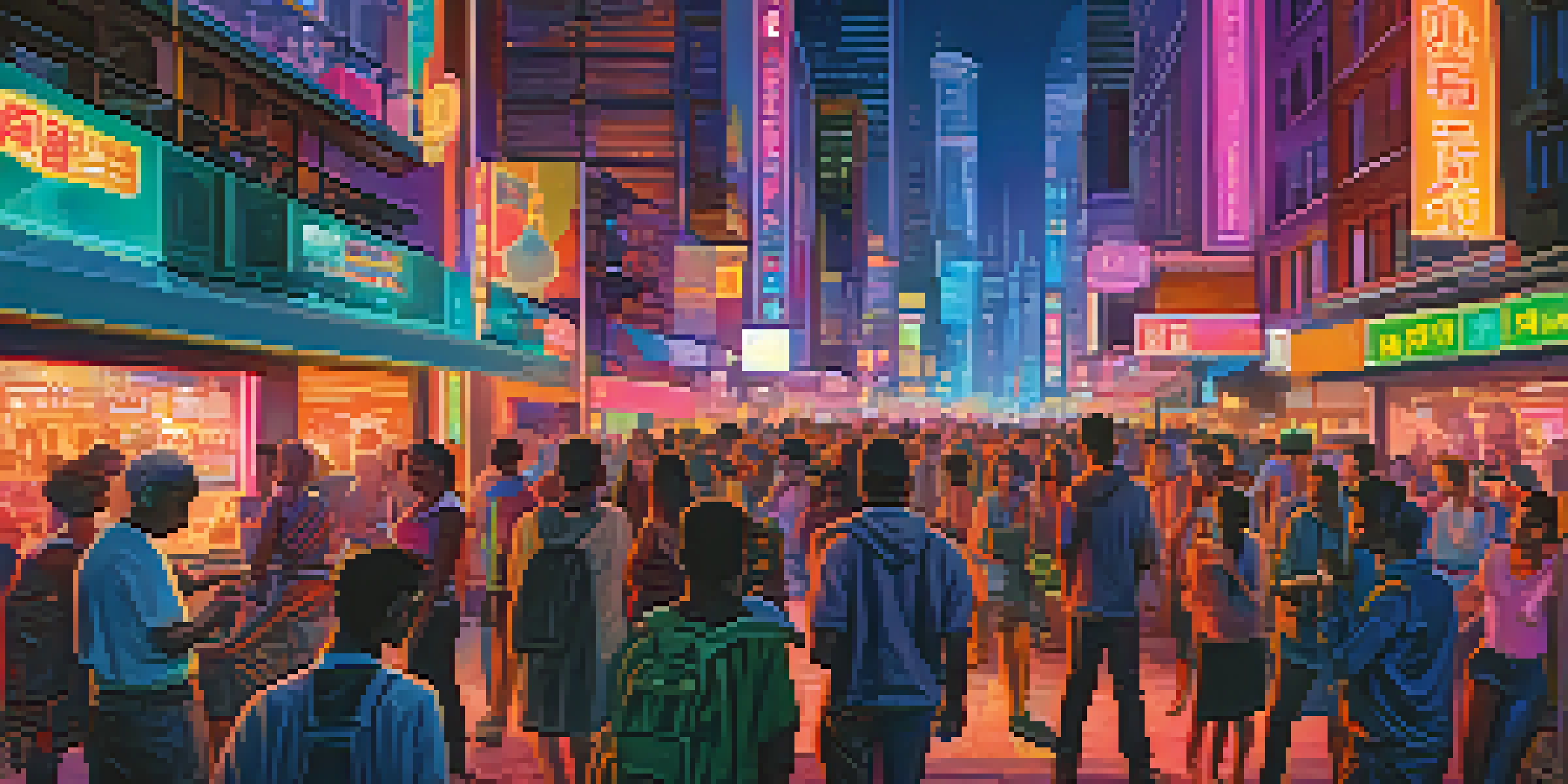 A vibrant city at night with neon lights and people using smartphones, representing the interaction between social media and urban life.