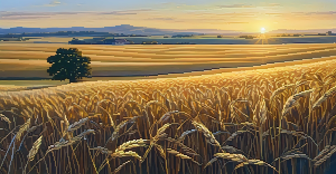 A peaceful landscape with a field of golden wheat and a lone tree under a sunset sky.