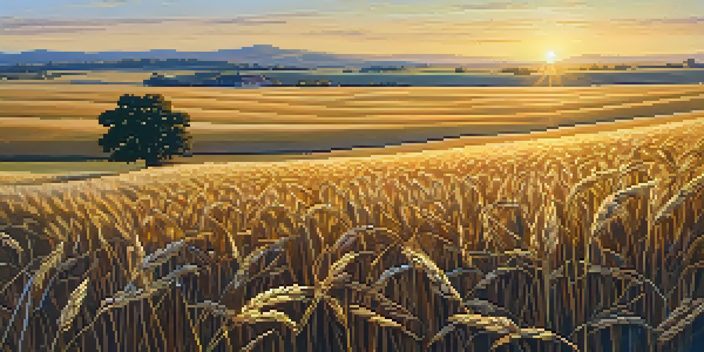 A peaceful landscape with a field of golden wheat and a lone tree under a sunset sky.