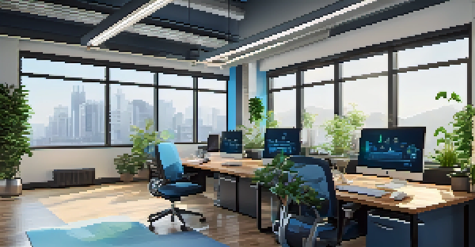 A modern office with dual monitors on a desk, displaying code, surrounded by plants and natural light from large windows.