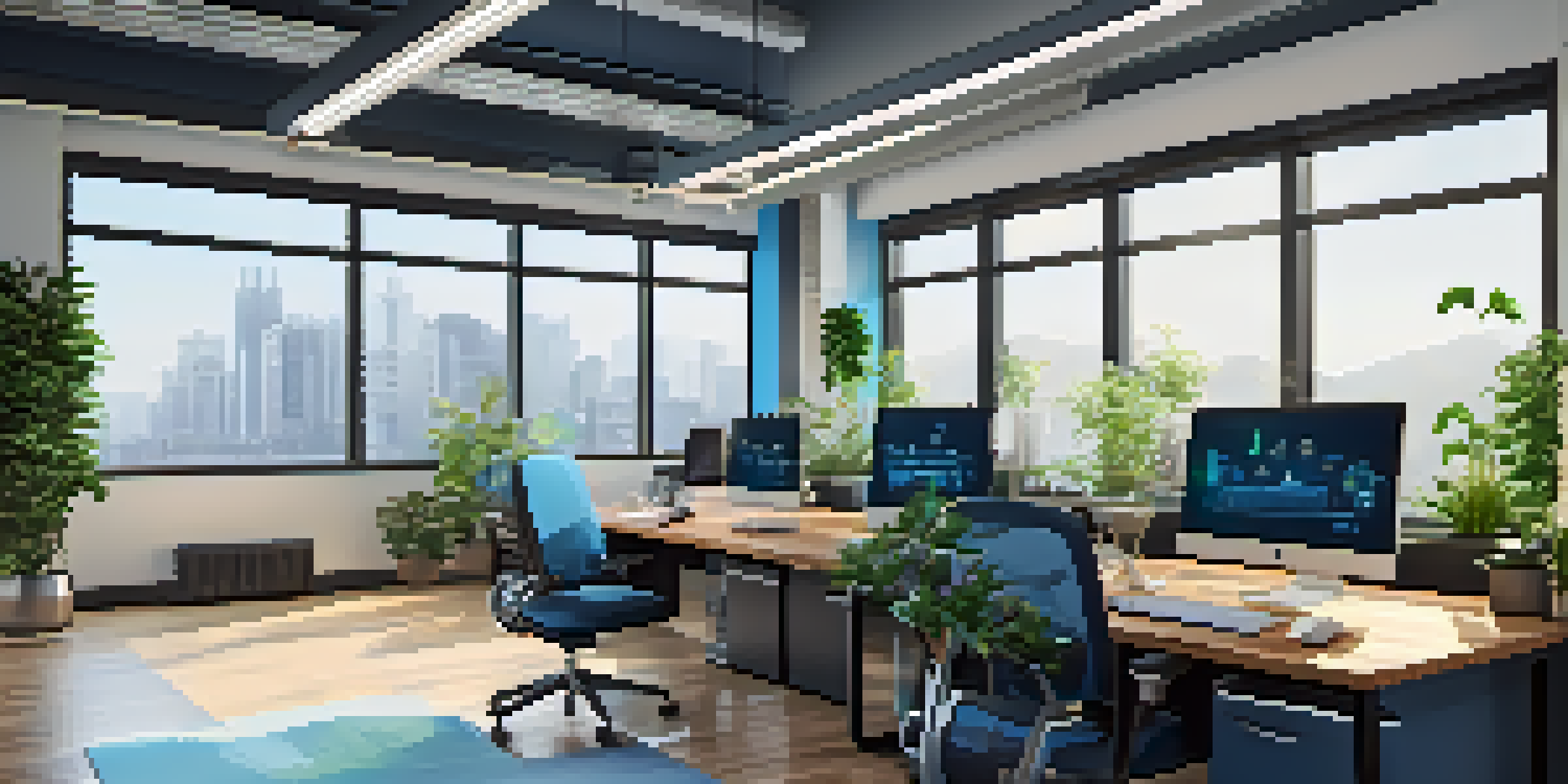 A modern office with dual monitors on a desk, displaying code, surrounded by plants and natural light from large windows.