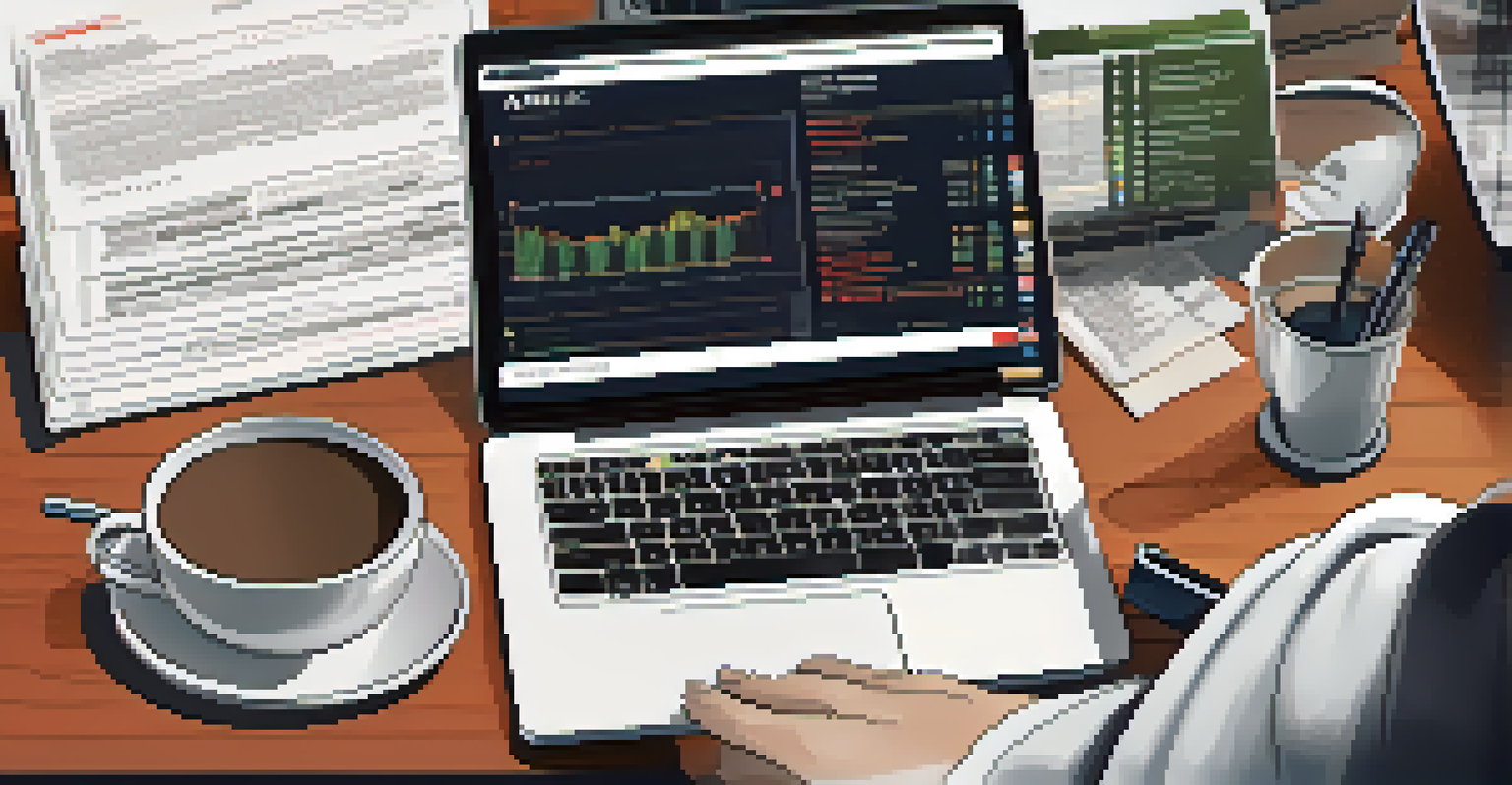 Close-up of hands typing on a laptop with AML compliance checklists on the screen, surrounded by financial documents and a cup of coffee.