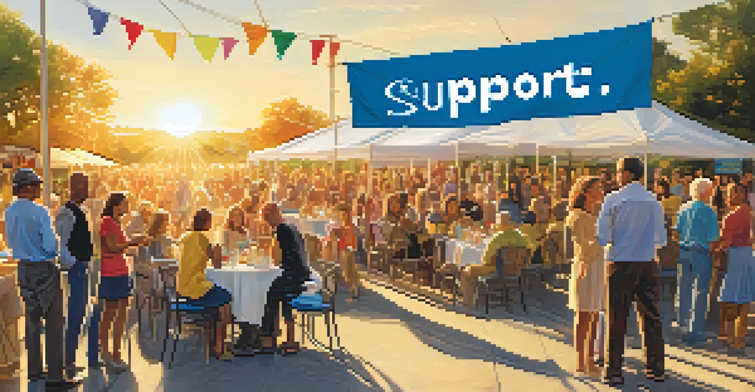 An outdoor fundraising event with a colorful banner, volunteers, and people engaging in conversation at sunset.