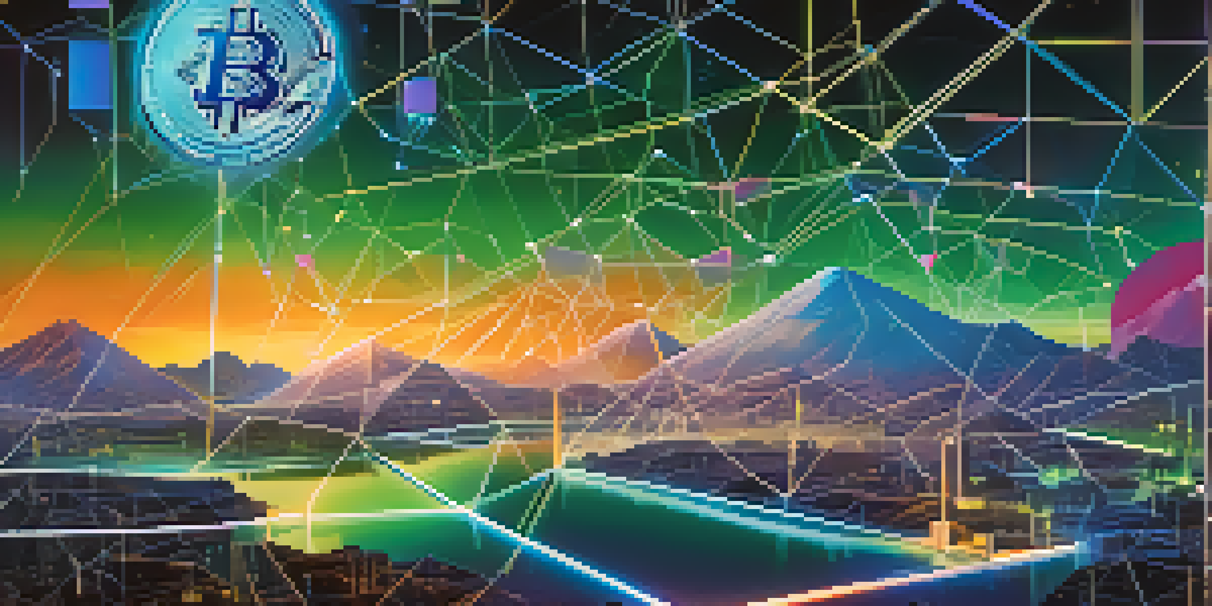 A futuristic digital landscape showcasing secure cryptocurrency transactions with glowing nodes and a starry sky.