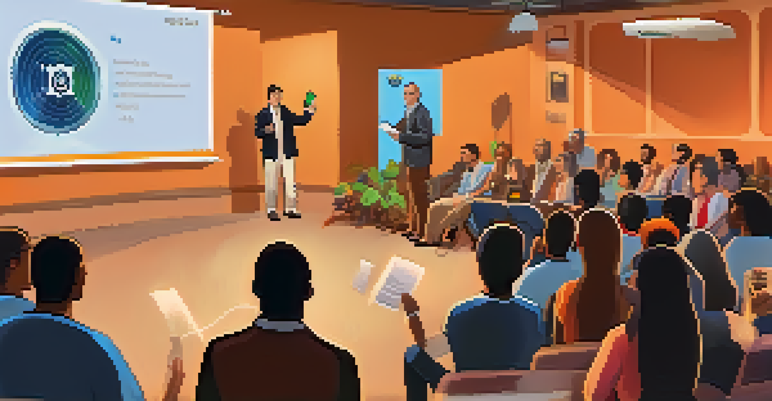 A community leader presenting at a seminar on cryptocurrency to an attentive audience.
