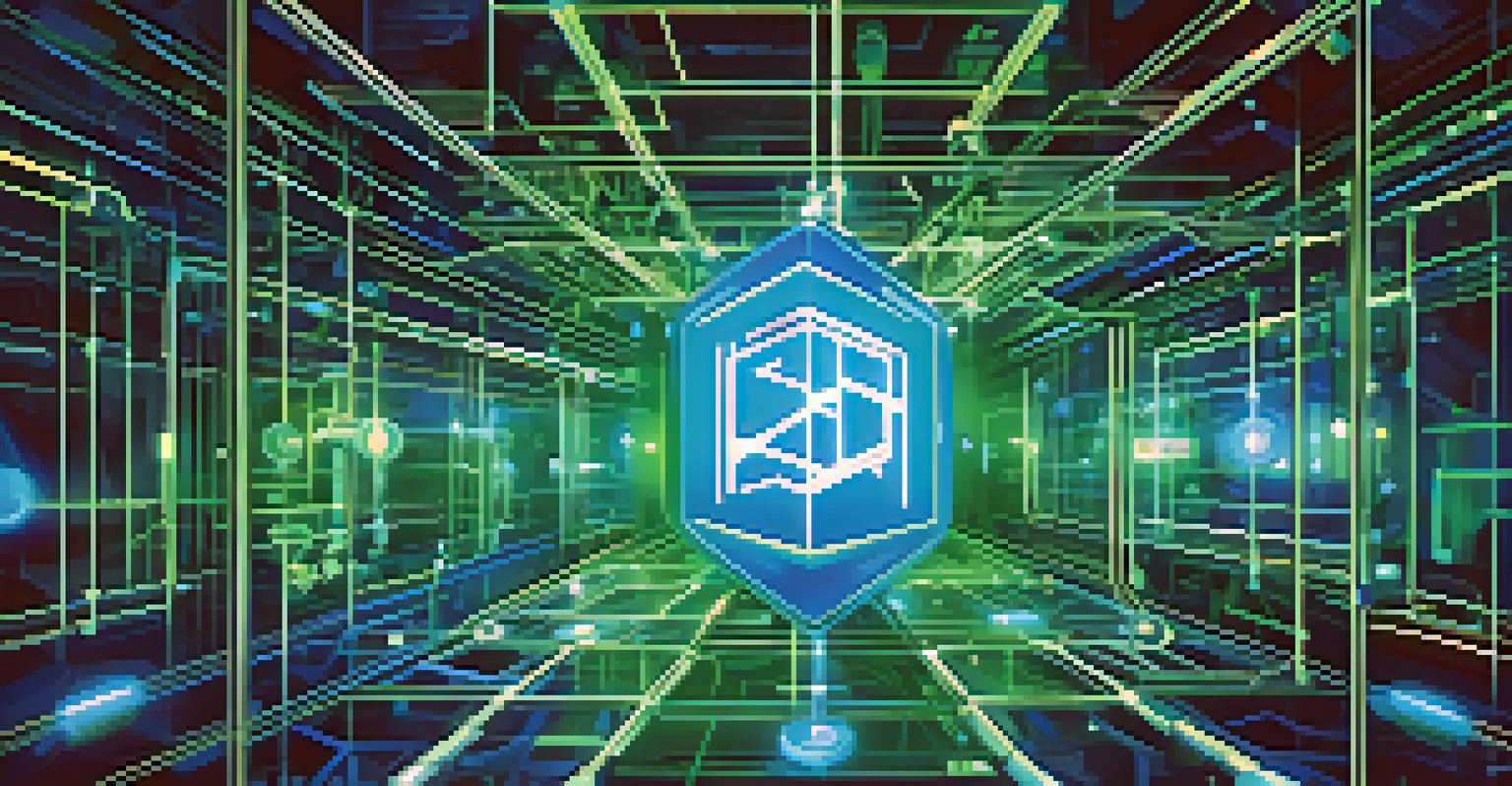 An abstract visualization of blockchain technology, showing interconnected nodes and chains against a secure vault backdrop.