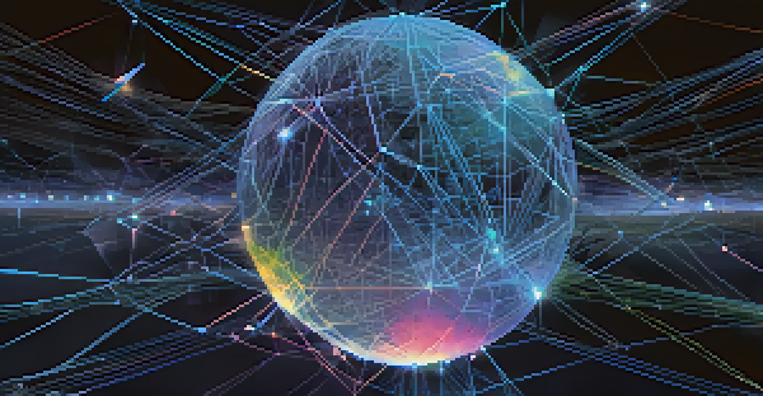 An abstract illustration of a decentralized oracle network with glowing nodes and a holographic globe in the center.