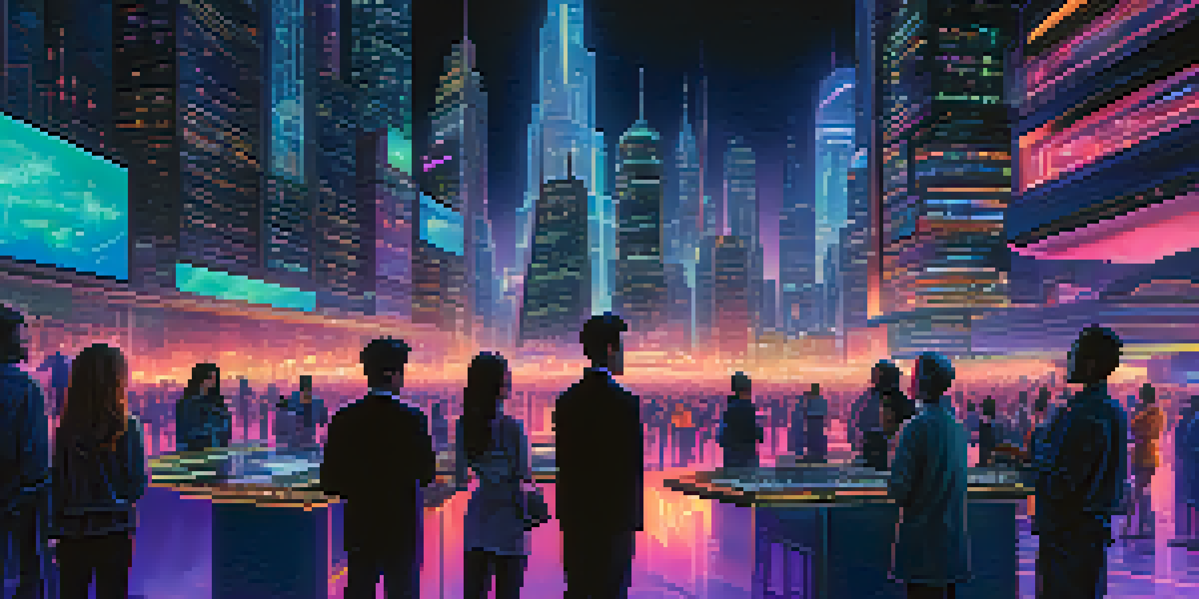A vibrant futuristic city at night with neon lights and people discussing cryptocurrency around a holographic display.