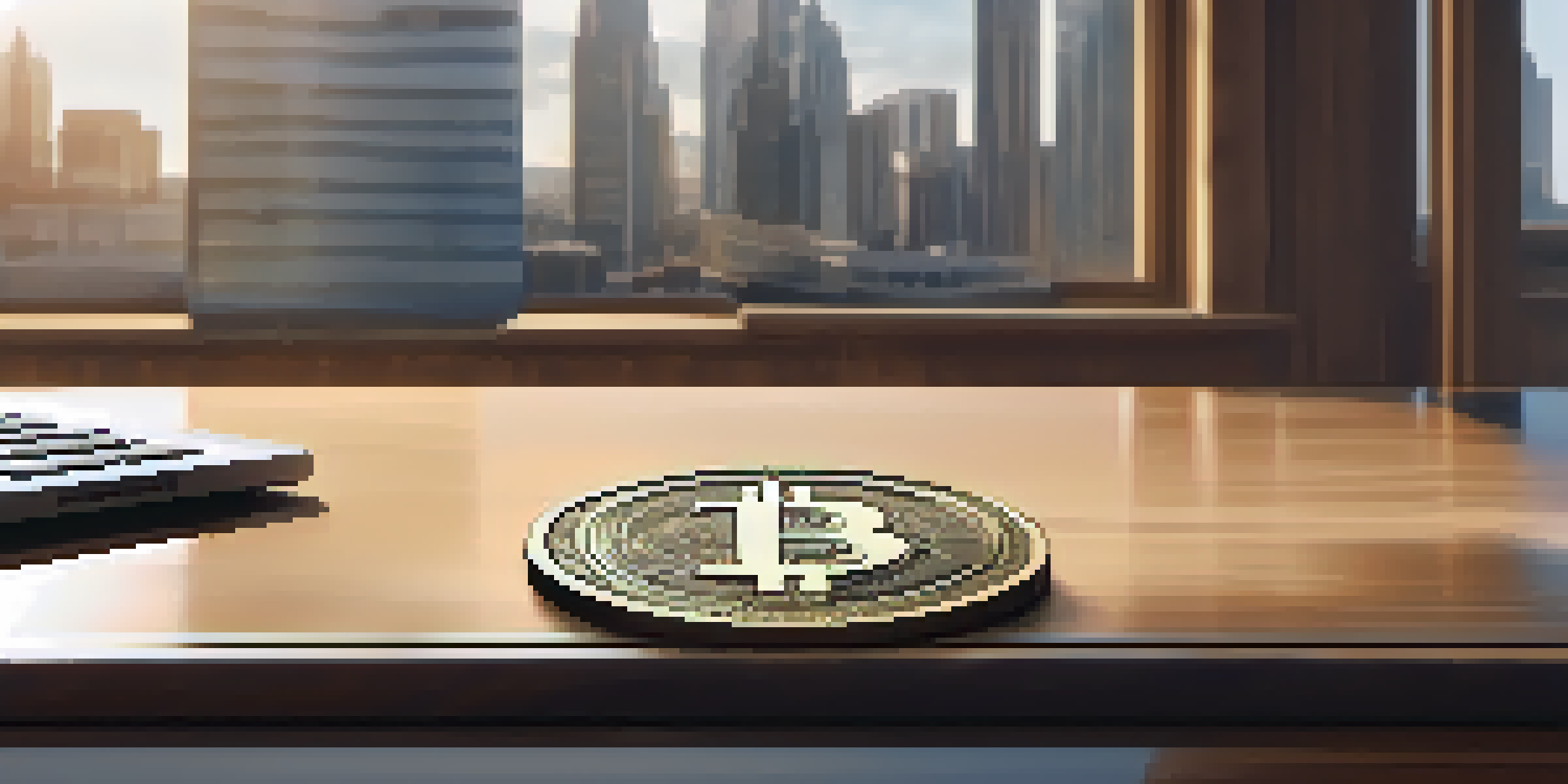 A close-up of a digital token representing fractional ownership in real estate on a wooden desk, illuminated by soft natural light.
