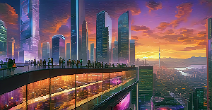 A futuristic city with tall skyscrapers, digital screens showing blockchain visuals, and people using devices on the streets during sunset.